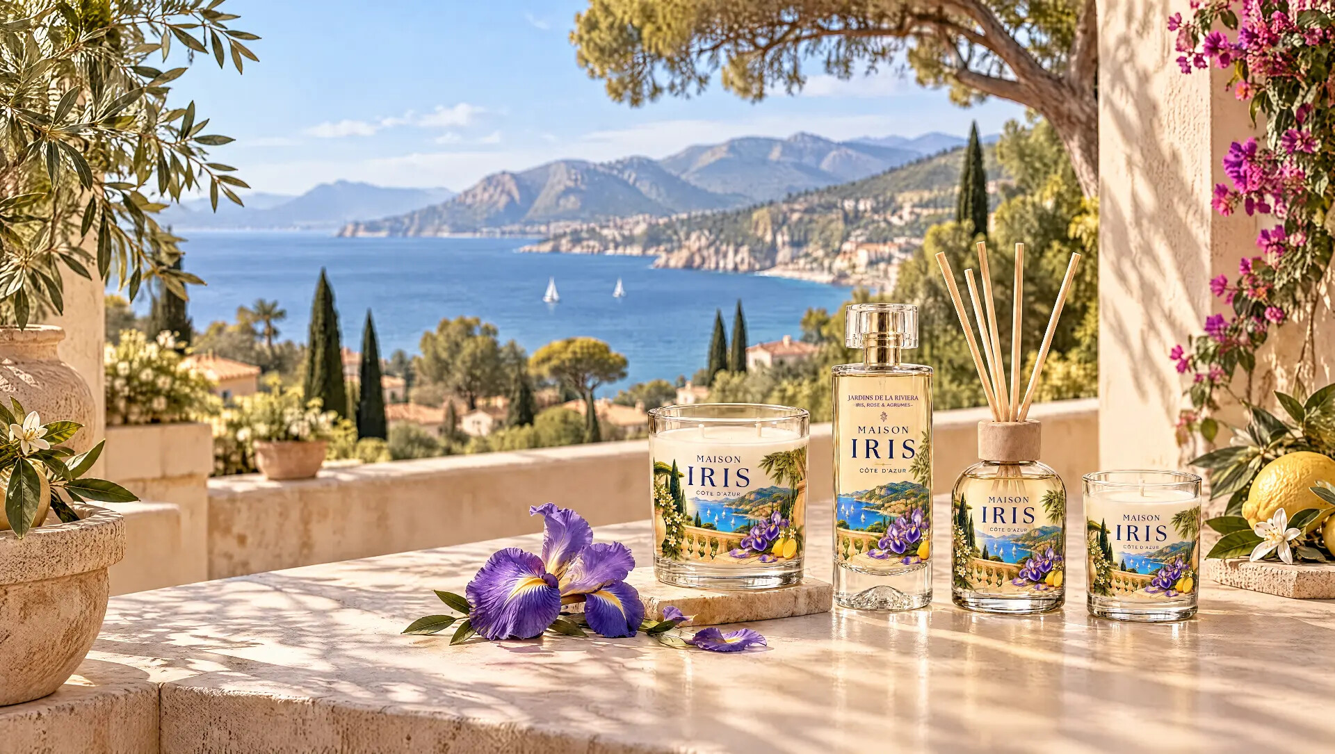 Bougie, diffuseur et parfum d’intérieur Maison Iris sur une terrasse face à la Méditerranée