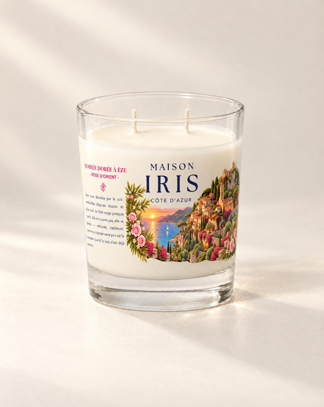 Bougie parfumée 220 g Maison Iris « Soirée dorée à Èze » — Rose d’Orient